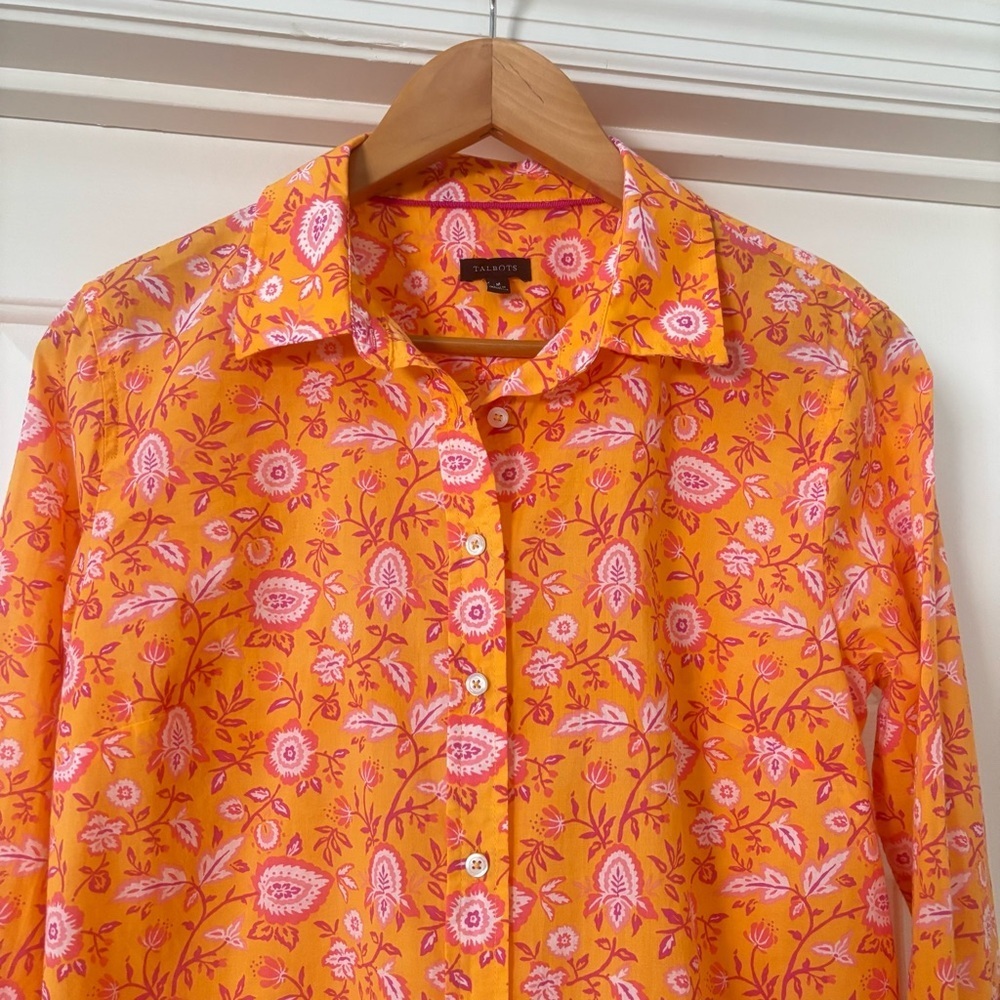 Talbots 100% Cotton Orange Pink Floral Button Down Shirt M Climbing Jacobean - Picture 4 of 11